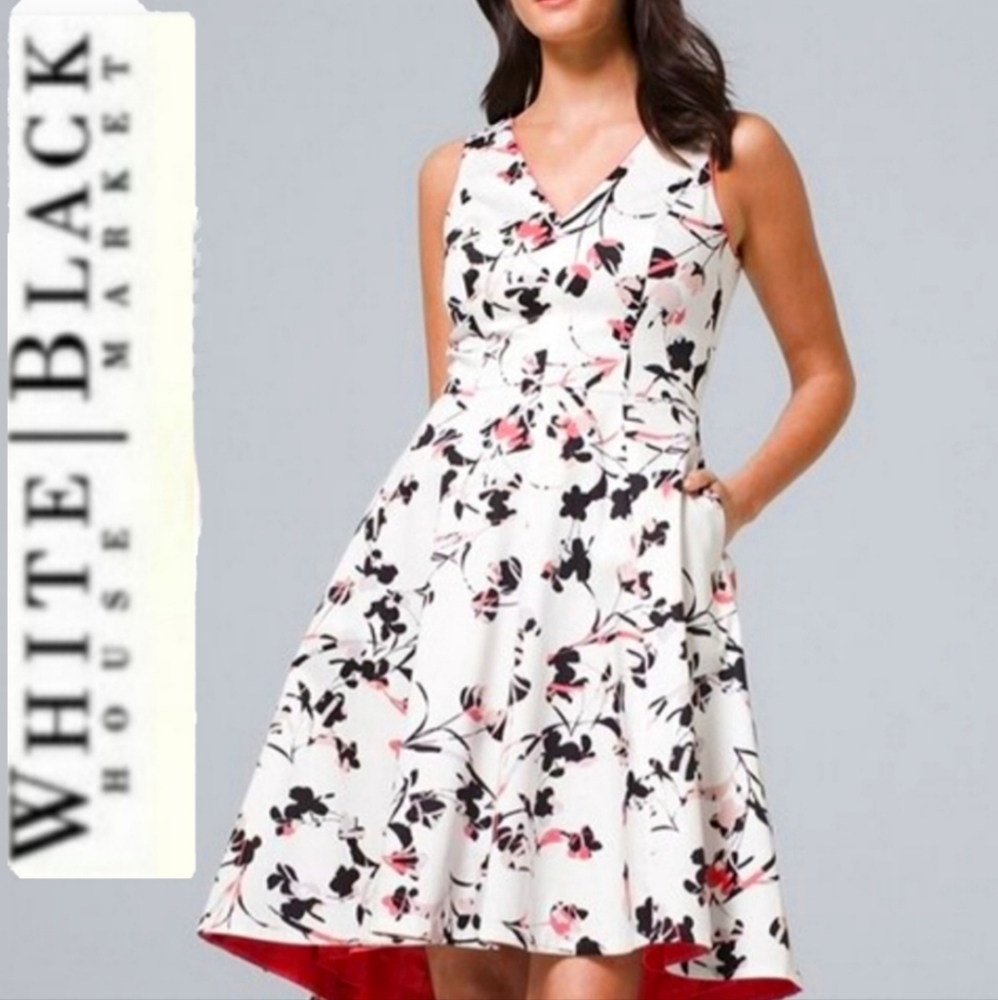 White House Black Market Ecru & Goddess Floral Sateen Fit & Flare Dress Sz8P NWT